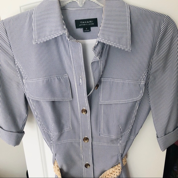 Tahari Midi Collared Shirt Dress Blue Pinstripes - Picture 2 of 8